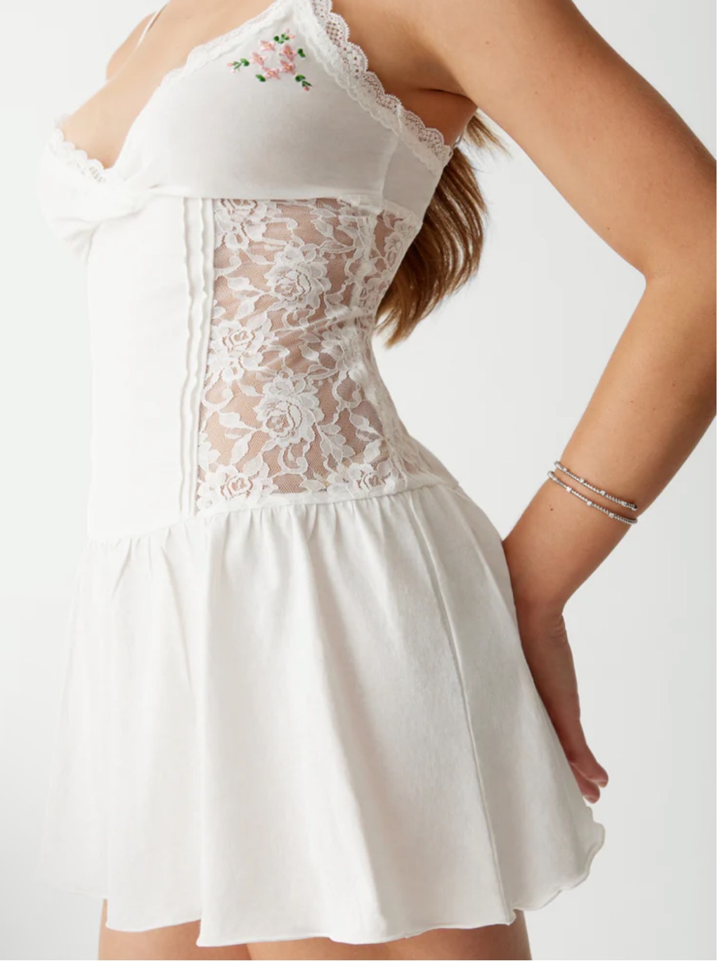 White Lace-Panel Slip Dress With Floral Accent